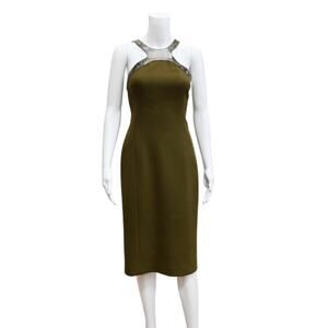 Michael Kors Knee Length Halter Dress Sz 6 Olive Green Snake Trim Wool Blend
